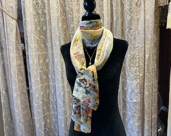 Sheer Floral Scarf, Woven Polyester, Color is Fresh Cream with Multicolor Fall Flowers