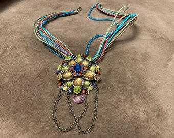 Medallion Necklace, Multi Color Bead and Cord Necklace with Large Jeweled Medallion