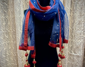 Mediterranean Style Dance Scarf or Shawl, 132"x 24" plus 5" Colorful Decorative Elements on Each Corner