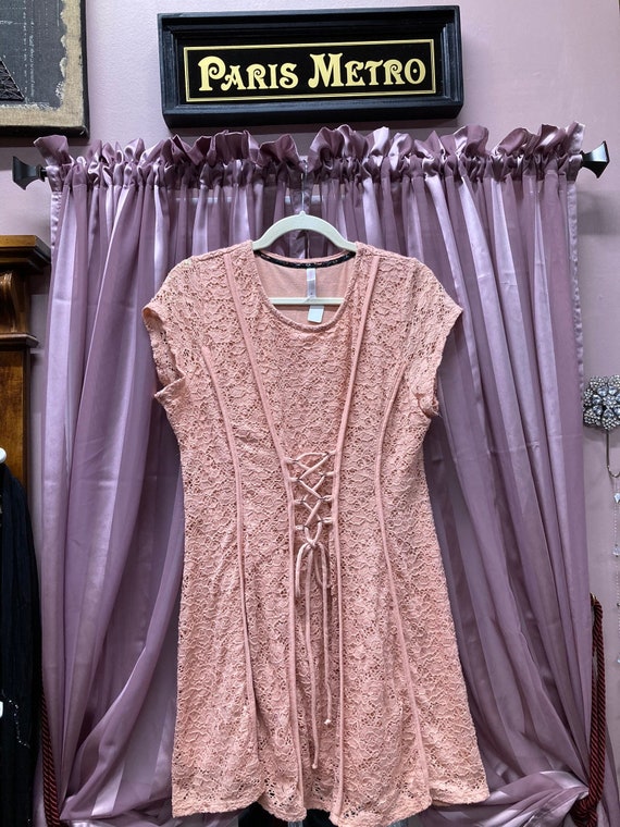 Peach Lace Dress, Tie Front, Size M