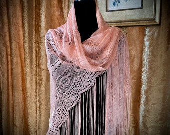 Lace Shawl, Salmon Pink, Large, Long Fringe