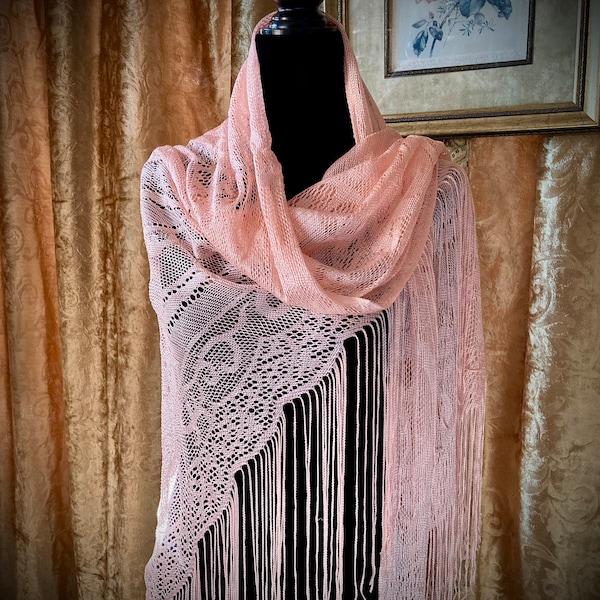 Lace Shawl, Salmon Pink, Large, Long Fringe