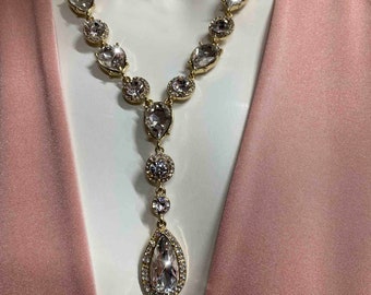 Crystal Y-Necklace , Gold Tone Setting