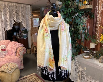 Krista Larson Silk Stole, Long Scarf, Shawl, Pale Yellow with Assorted Pastel Roses, Self Fringe