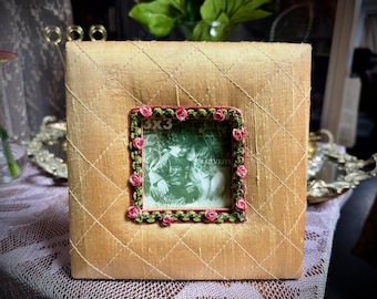 Picture Frame, Antique Golden Slubbed Woven Fabric with Ribbon Rose Inner Border