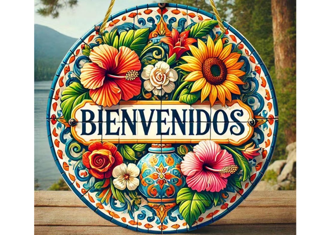 2D Flat, Large Mexican Welcome Sign - Vintage Floral Metal Wall Decor ...