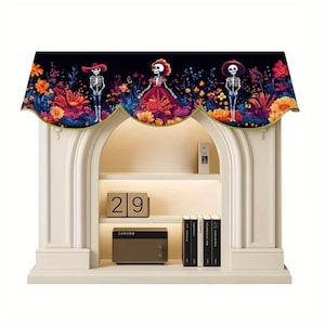 May include: A cream-colored arched fireplace mantel shelf featuring a scalloped valance printed with three skeletons and vibrant orange, red, and blue flowers. The interior shelves hold a wooden block calendar showing 29, a small speaker, and books.