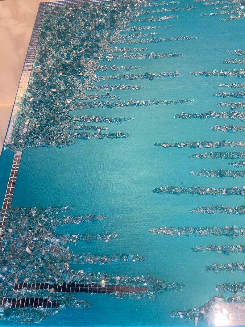 Sliver Turquoise Crushed Mirror Wall Art . Extra Large Canvas. Abstract