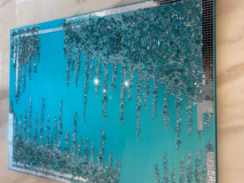 Sliver Turquoise Crushed Mirror Wall Art . Extra Large Canvas. Abstract