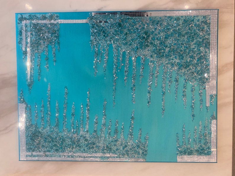 Sliver Turquoise Crushed Mirror Wall Art . Extra Large Canvas. Abstract