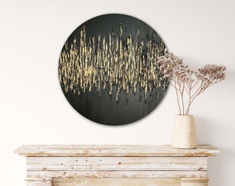 Classic black with rich gold / Contemporary textured wall art. Extra large canvas. Abstract art. Canvas wall art. Round canvas