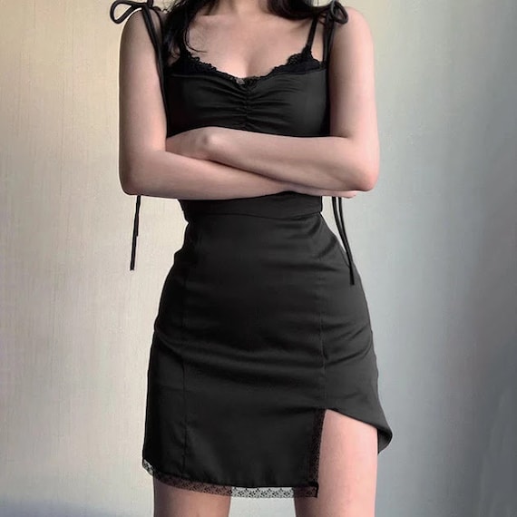 Black Satin Slip Dress With Lace Trim Little Black Dress Mini Dress Bodycon  