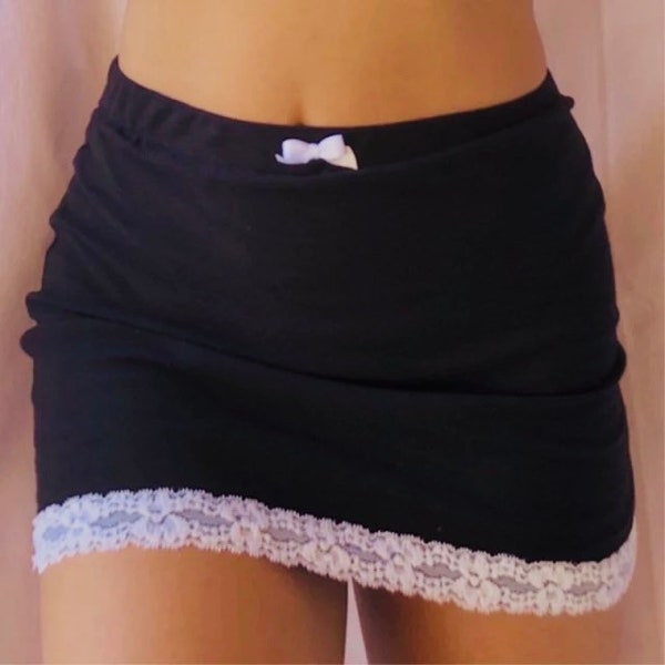 Mini Black Mini Skirt With White Lace White Bow