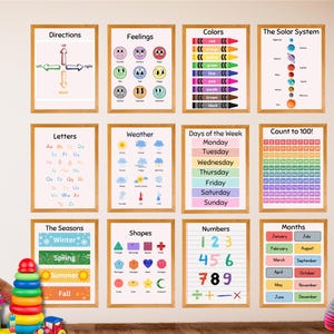 Juego de 12 carteles educativos, póster ABC, decoración de habitación de niños pequeños, decoración de aula Montessori, impresión de educación en el hogar, tabla de alfabeto de escritura a mano de arco iris