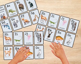 Printable Watercolor Animals Alphabet Flash Cards, Educational ABC, Learning ABC, Montessori, Learn ABC, Watercolor Alphabet Flash Cards