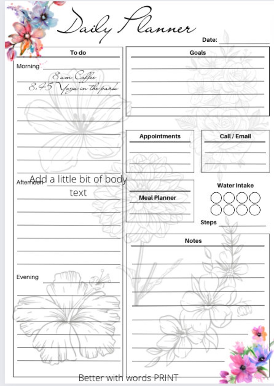 Printable Floral Daily Planner Page High Resolution PDF - Etsy