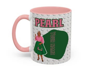 Personalisierte Sorority-Tasse: Rosa und grüne Perlenakzent-Kaffeetasse (11 Unzen oder 15 Unzen)