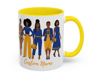 Personalized Blue and Gold Sorority Mug - Custom Name Royal Illustration Coffee Cup - 11oz & 15oz Ceramic Soror Gift