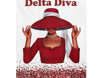 Puede incluir: Una ilustración de una mujer con un sombrero y un vestido rojos, con el texto "Delta Diva" en la parte superior de la imagen.