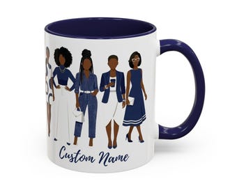 Personalized Blue and White Sorority Mug - Custom Name Finer Illustration Coffee Cup - 11oz & 15oz Ceramic Soror Gift