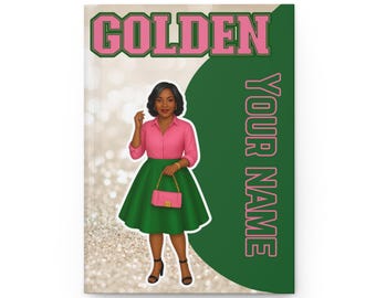 Custom Golden  Personalized Hardcover Journal, Pink and Green 50th AKAversary notebook
