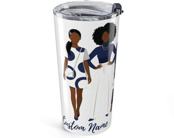 Personalized "Finer" Blue and White Tumbler - Custom Name Stainless Steel Travel Mug - Fashion Illustration Gift for Her - 20oz Insulated