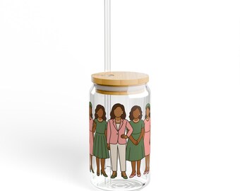 Pink and Green Sister Squad Sipper Glass, 16oz, AKA Frosted Glass Can w/Bamboo Lid & Straw | Iced Coffee Cup Glass | Soda Can Glass