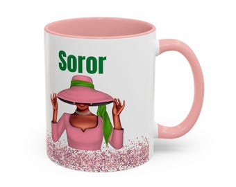 Taza personalizada Soror, taza de café personalizada con detalles en rosa y verde Soror, 11 o 15 oz, taza de hermandad inspirada en Sorority