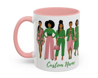Personalized Pink and Green Sorority Mug - Custom Name Pretty Girls Illustration Coffee Cup - 11oz & 15oz Ceramic Soror Gift