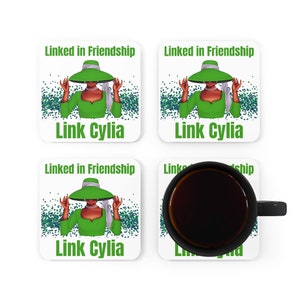 Linked In Friendship Personalized Corkwood Coaster Set, Green and White coasters inspired by Links Incorporated