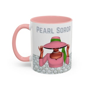Personalized Pearl Soror mug, gift for 65 year member inspired by Sorority, pink and green coffee cup