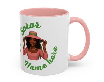 Personalized Pink and Green Smiling Soror Accent Coffee Mug (11, 15oz)