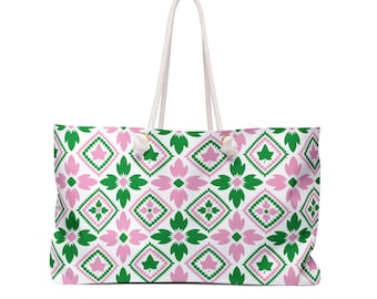 Pink And Green Ivy Weekender Tote| Bridesmaid Gift, Gift For Mom, Beach Bag For Aka, Preppy Tote, Sorority Tote