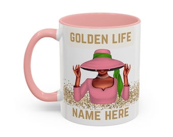 Golden Life Mug, Cup for Sorors, Pink and Green