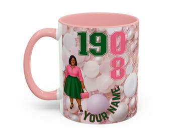 Kundenspezifische rosa und grüne 1908 Sorority-Kaffeetasse - personalisierte Akzenttasse