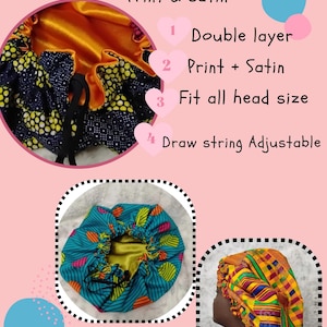 May include: Drawstring print and satin bonnet. The image shows three bonnets with different colorful patterns. The text in the image says "Double layer", "Print + Satin", "Fit all head size", and "Draw string Adjustable".