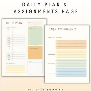 May include: Printable daily planner with a minimalist design. The planner includes sections for a daily schedule, to-do list, notes, and assignments. The planner is undated and has a light green, yellow, and blue color scheme.
