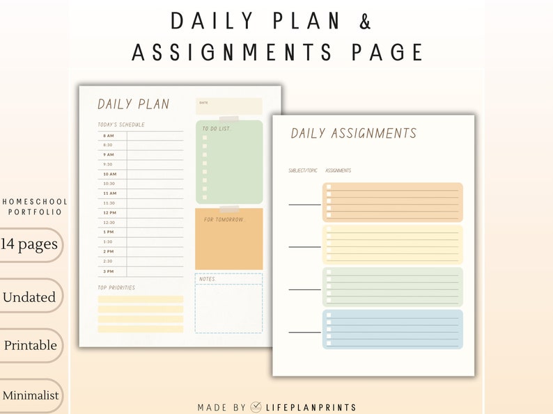 May include: Printable daily planner with a minimalist design. The planner includes sections for a daily schedule, to-do list, notes, and assignments. The planner is undated and has a light green, yellow, and blue color scheme.
