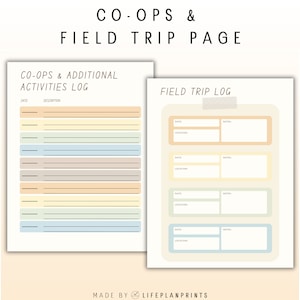 May include: Printable homeschool portfolio with 14 pages, featuring a co-op and field trip log. The pages are designed with a minimalist aesthetic and feature a light blue, yellow, and beige color scheme.