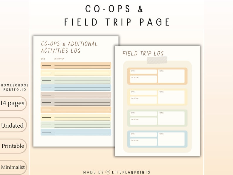 May include: Printable homeschool portfolio with 14 pages, featuring a co-op and field trip log. The pages are designed with a minimalist aesthetic and feature a light blue, yellow, and beige color scheme.