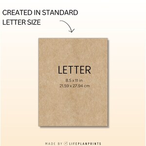 May include: A brown paper card with the text "LETTER" in black font. The card shows the dimensions of a standard letter size paper in inches and centimeters: 8.5 x 11 in and 21.59 x 27.94 cm. The bottom of the card has the text "MADE BY LIFEPLANPRINTS" in black font.