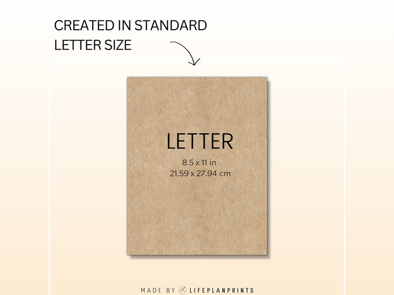 May include: A brown paper card with the text "LETTER" in black font. The card shows the dimensions of a standard letter size paper in inches and centimeters: 8.5 x 11 in and 21.59 x 27.94 cm. The bottom of the card has the text "MADE BY LIFEPLANPRINTS" in black font.