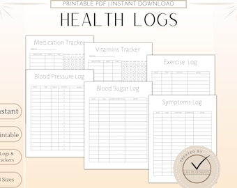 Printable Health Logs Pack | Blood Pressure Log | Blood Sugar Log | Medication Tracker | Vitamins Tracker | Exercise Log | Symptoms Tracker