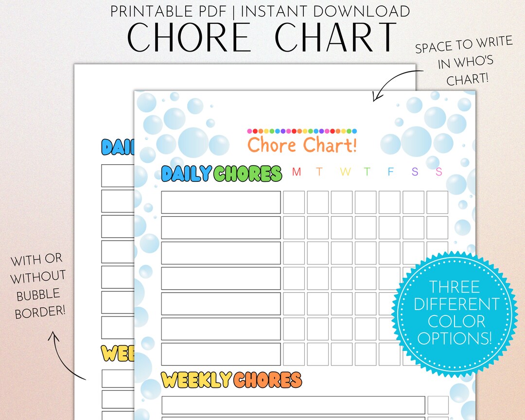 Printable Chore Chart Daily Chore Chart Weekly Chore Chart Chore Chart ...