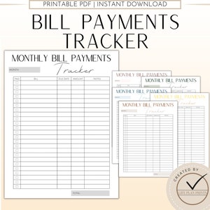 Printable Bill Payments Tracker | Bills Log | Monthly Bill Payments Chart