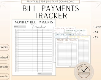 Printable Bill Payments Tracker | Bills Log | Monthly Bill Payments Chart