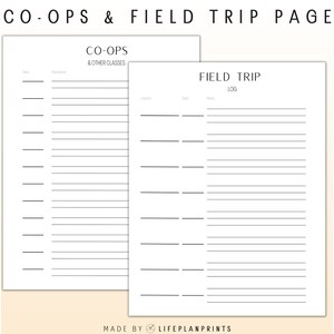 Może przedstawiać: Drukowalne strony portfolio edukacji domowej w czarno-białym designie. Strony są oznaczone jako "Co-ops & Other Classes" i "Field Trip Log".