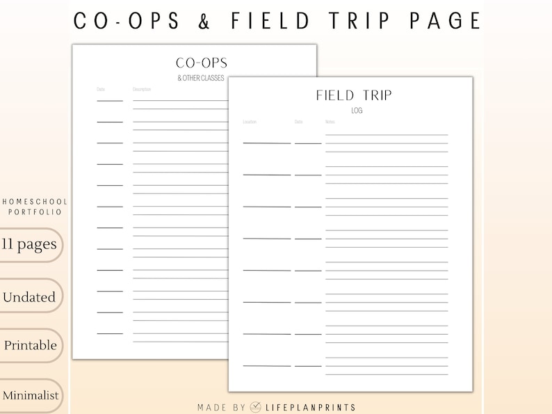 Może przedstawiać: Drukowalne strony portfolio edukacji domowej w czarno-białym designie. Strony są oznaczone jako "Co-ops & Other Classes" i "Field Trip Log".
