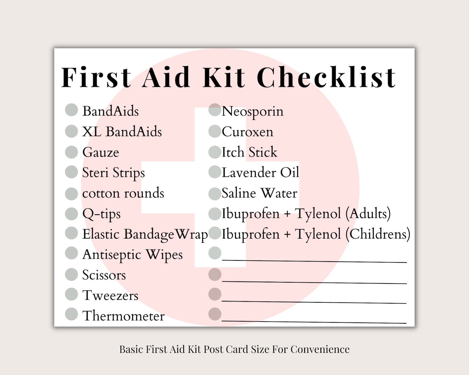 Printable First Aid Kit Checklist Postcard Size Complete First Aid Kit