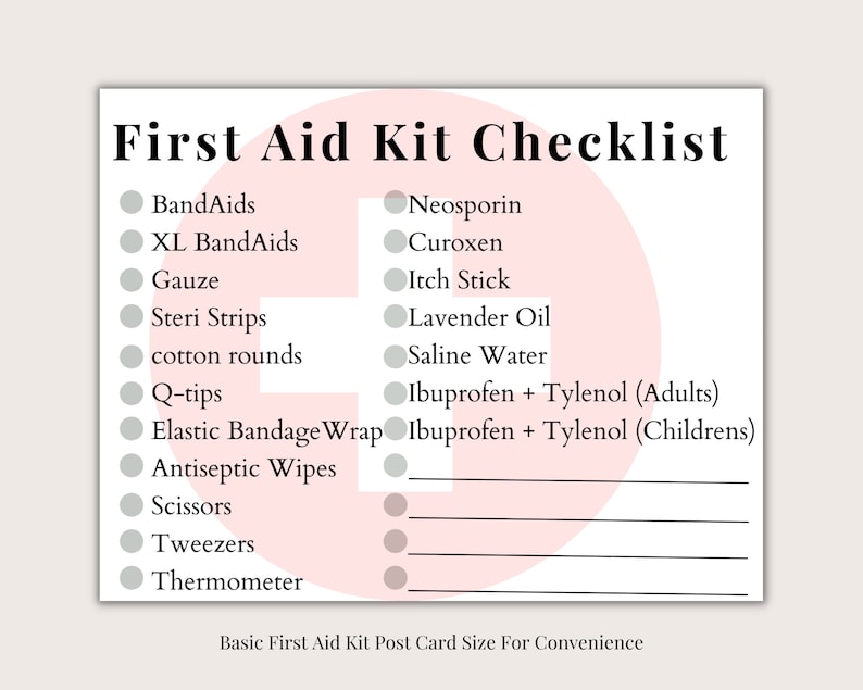 Printable First Aid Kit Checklist Postcard Size Complete First Aid Kit